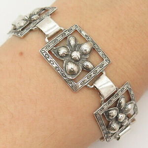 925 Sterling Silver Vintage Cohen & Rosenberg Floral Panel Link Bracelet 7.5"
